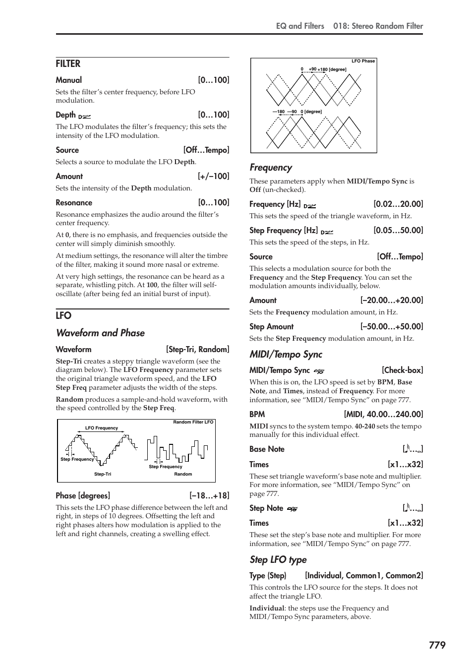 Filter, 779 filter, Lfo waveform and phase | Frequency, Midi/tempo sync, Step lfo type | KORG Electronic Keyboard User Manual | Page 789 / 1127