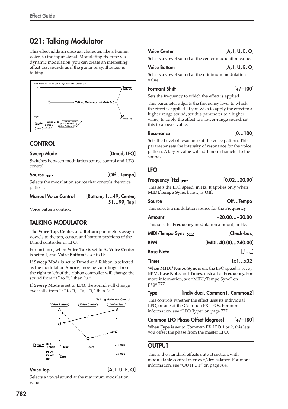 Talking modulator, Control, Output | Effect guide, Sweep mode [dmod, lfo, Source [off…tempo, Voice top [a, i, u, e, o, Voice center [a, i, u, e, o, Voice bottom [a, i, u, e, o, Formant shift [+/–100 | KORG Electronic Keyboard User Manual | Page 792 / 1127