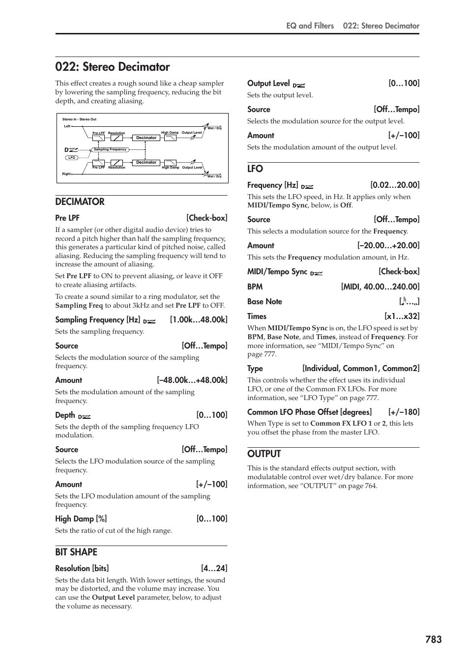Stereo decimator, Decimator, Bit shape | Output | KORG Electronic Keyboard User Manual | Page 793 / 1127