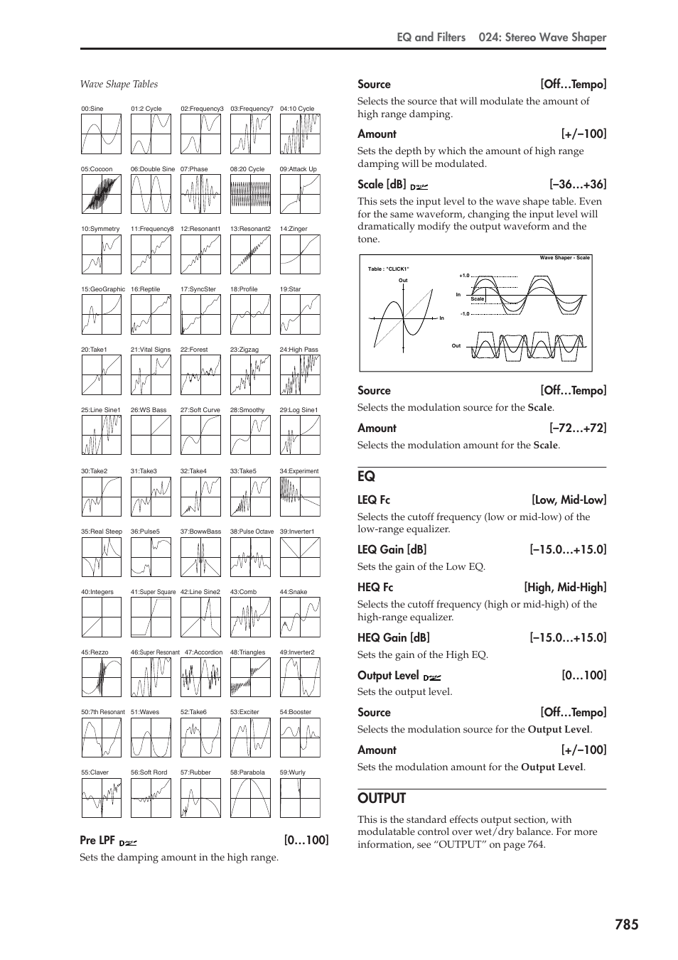 Output, Eq and filters 024: stereo wave shaper, Pre lpf [0…100 | Source [off…tempo, Amount [+/–100, Scale [db] [–36…+36, Amount [–72…+72, Leq fc [low, mid-low, Heq fc [high, mid-high, Output level [0…100 | KORG Electronic Keyboard User Manual | Page 795 / 1127
