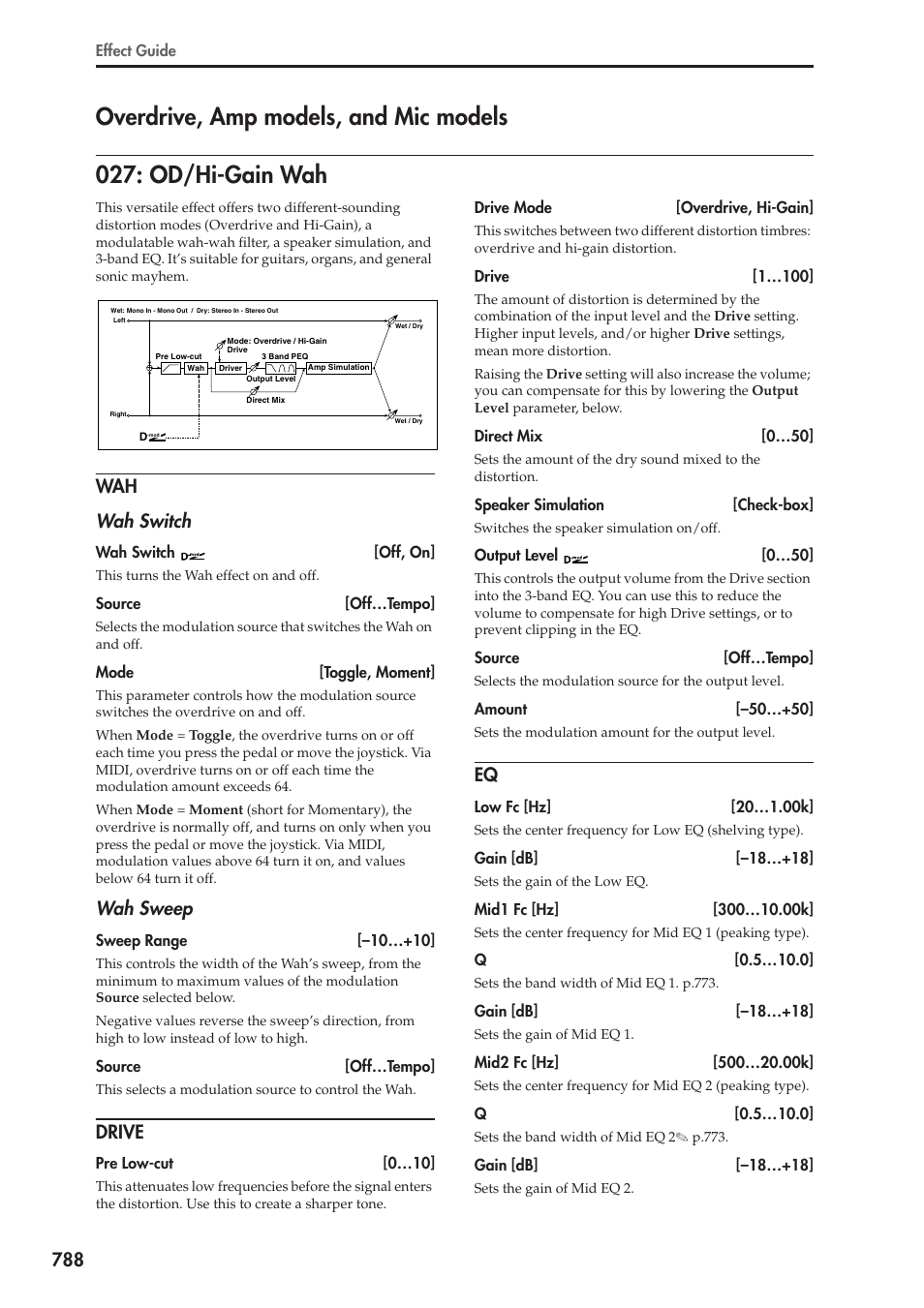 Overdrive, amp models, and mic models, Od/hi-gain wah, Drive | Wah wah switch, Wah sweep | KORG Electronic Keyboard User Manual | Page 798 / 1127
