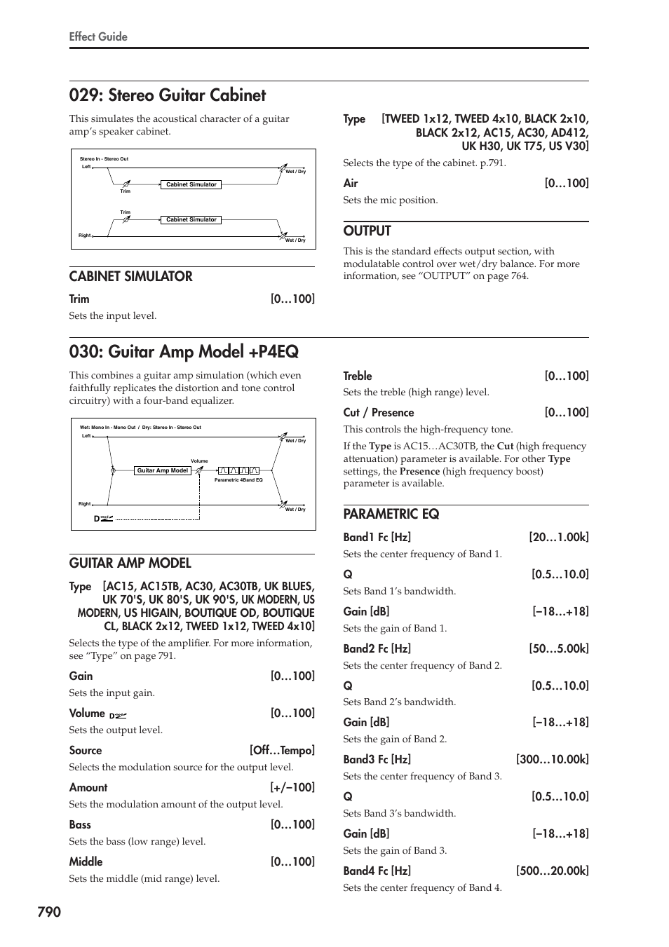 Stereo guitar cabinet, Cabinet simulator, Output | Guitar amp model +p4eq, Guitar amp model, Parametric eq, Stereo guitar cabinet 030: guitar amp model +p4eq | KORG Electronic Keyboard User Manual | Page 800 / 1127