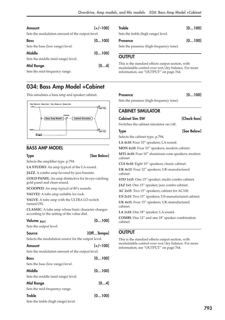 Output, Bass amp model +cabinet, Bass amp model | Cabinet simulator, Selects the cabinet type. p.793 | KORG Electronic Keyboard User Manual | Page 803 / 1127