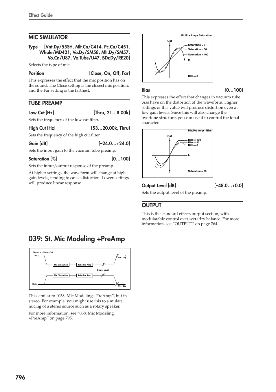 Mic simulator, Tube preamp, Output | St. mic modeling +preamp, 796 mic simulator, Effect guide, Position [close, on, off, far, Saturation [%] [0…100, Bias [0…100 | KORG Electronic Keyboard User Manual | Page 806 / 1127