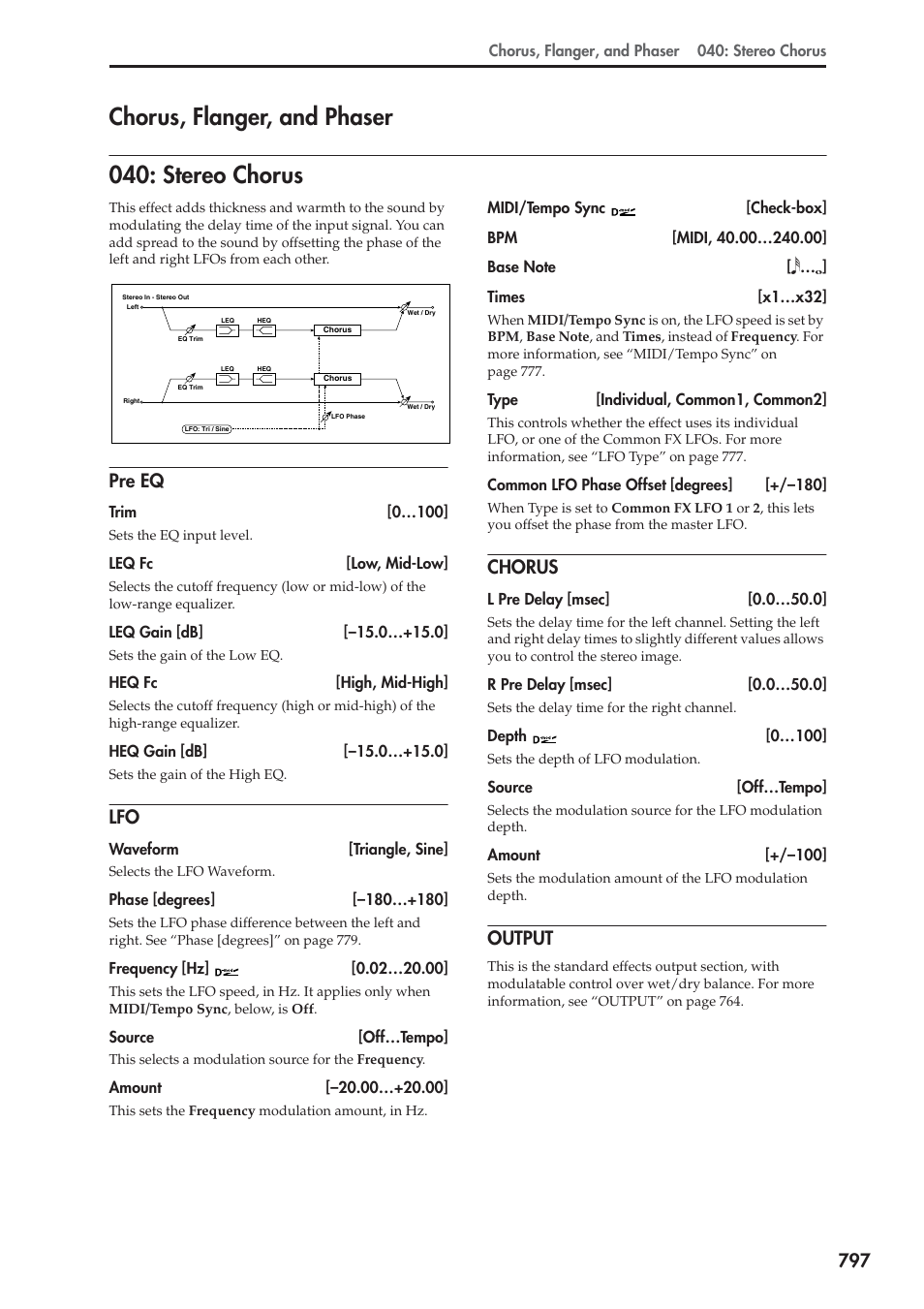 Chorus, flanger, and phaser, Stereo chorus, Pre eq | Chorus, Output, Chorus, flanger, and phaser 040: stereo chorus | KORG Electronic Keyboard User Manual | Page 807 / 1127