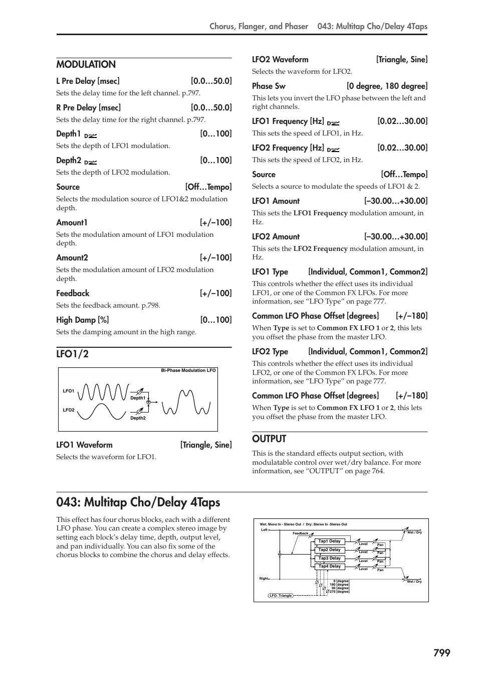 Modulation, Lfo1/2, Output | Multitap cho/delay 4taps, 799 modulation | KORG Electronic Keyboard User Manual | Page 809 / 1127