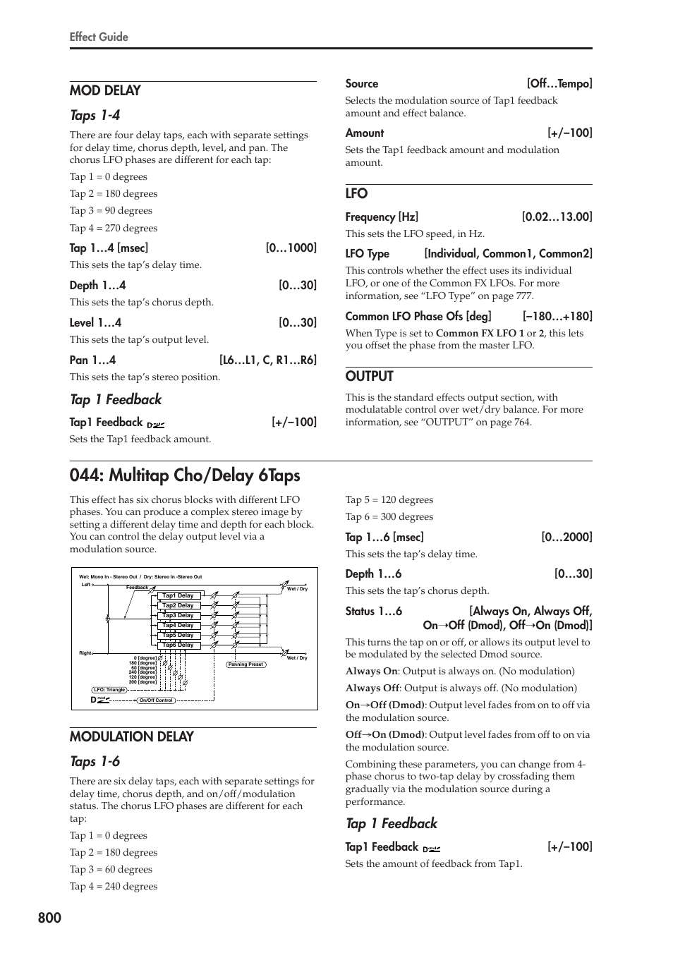 Mod delay, Output, Multitap cho/delay 6taps | Modulation delay, Tap 1 feedback, Modulation delay taps 1-6 | KORG Electronic Keyboard User Manual | Page 810 / 1127