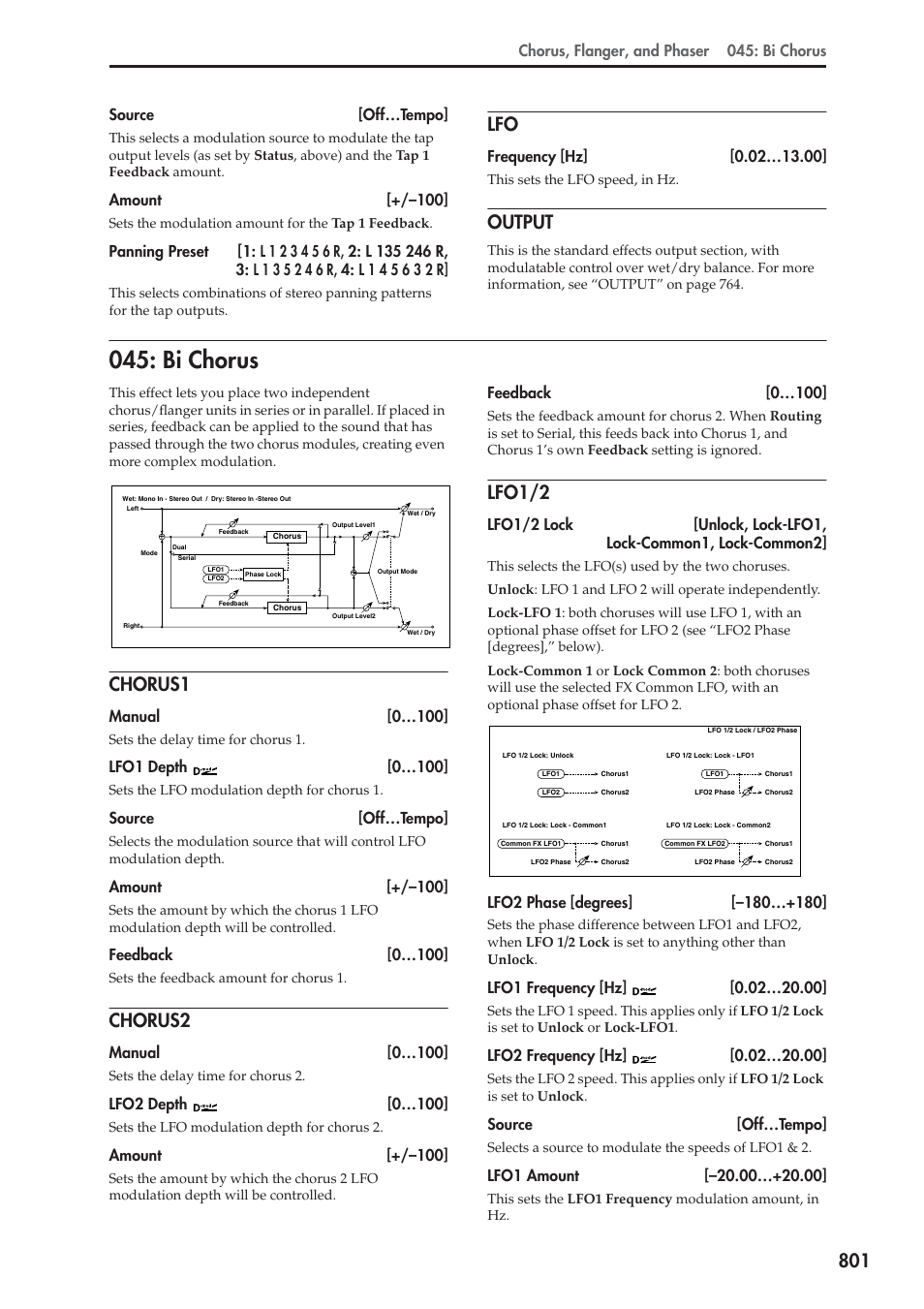 Output, Bi chorus, Chorus1 | Chorus2, Lfo1/2, Chorus, flanger, and phaser 045: bi chorus, Source [off…tempo, Amount [+/–100, Manual [0…100, Feedback [0…100 | KORG Electronic Keyboard User Manual | Page 811 / 1127