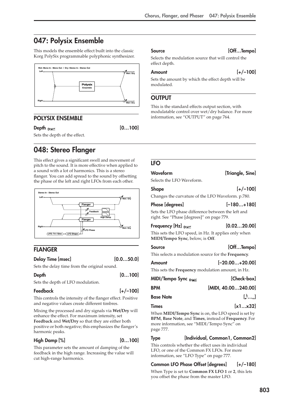 Polysix ensemble, Output, Stereo flanger | Flanger, Polysix ensemble 048: stereo flanger, Eo flanger in the middle of the song. w, Ough 8, and 048: stereo flanger for, Stereo flanger ef, Flanger ef, Ifx2: 048: stereo flanger ef | KORG Electronic Keyboard User Manual | Page 813 / 1127