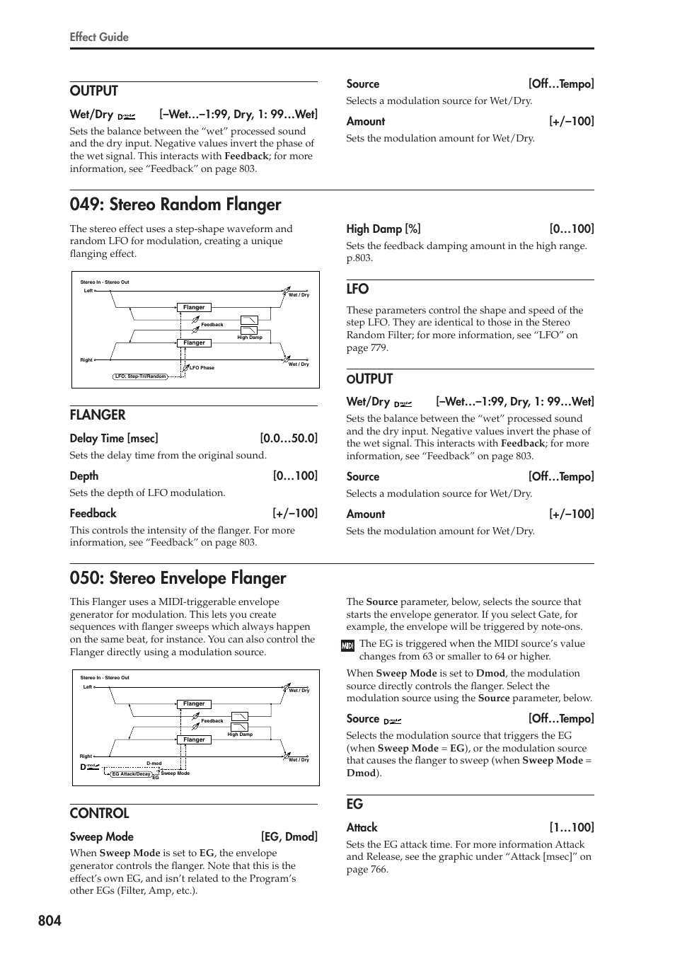 Output, Stereo random flanger, Flanger | Stereo envelope flanger, Control, Stereo random flanger 050: stereo envelope flanger, 804 output, Utput | KORG Electronic Keyboard User Manual | Page 814 / 1127