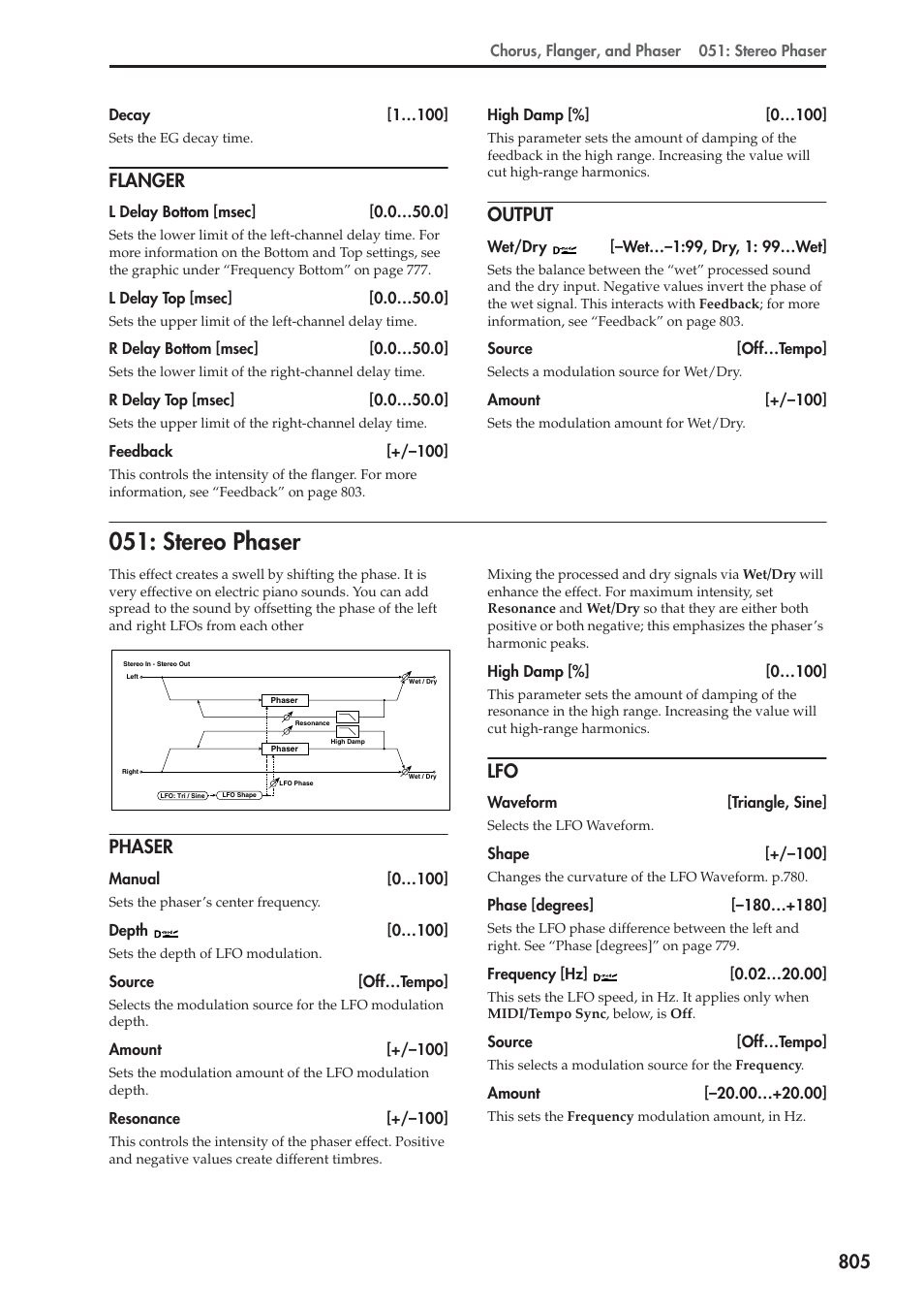 Flanger, Output, Stereo phaser | Phaser, Fect 051: stereo phaser change to 048: ster, Fect (ifx3) uses 051: stereo phaser for | KORG Electronic Keyboard User Manual | Page 815 / 1127
