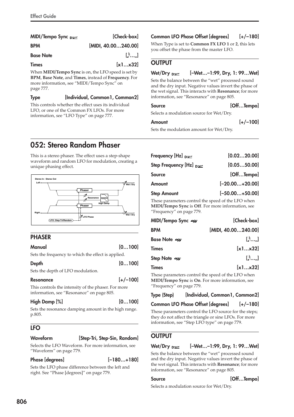 Output, Stereo random phaser, Phaser | KORG Electronic Keyboard User Manual | Page 816 / 1127