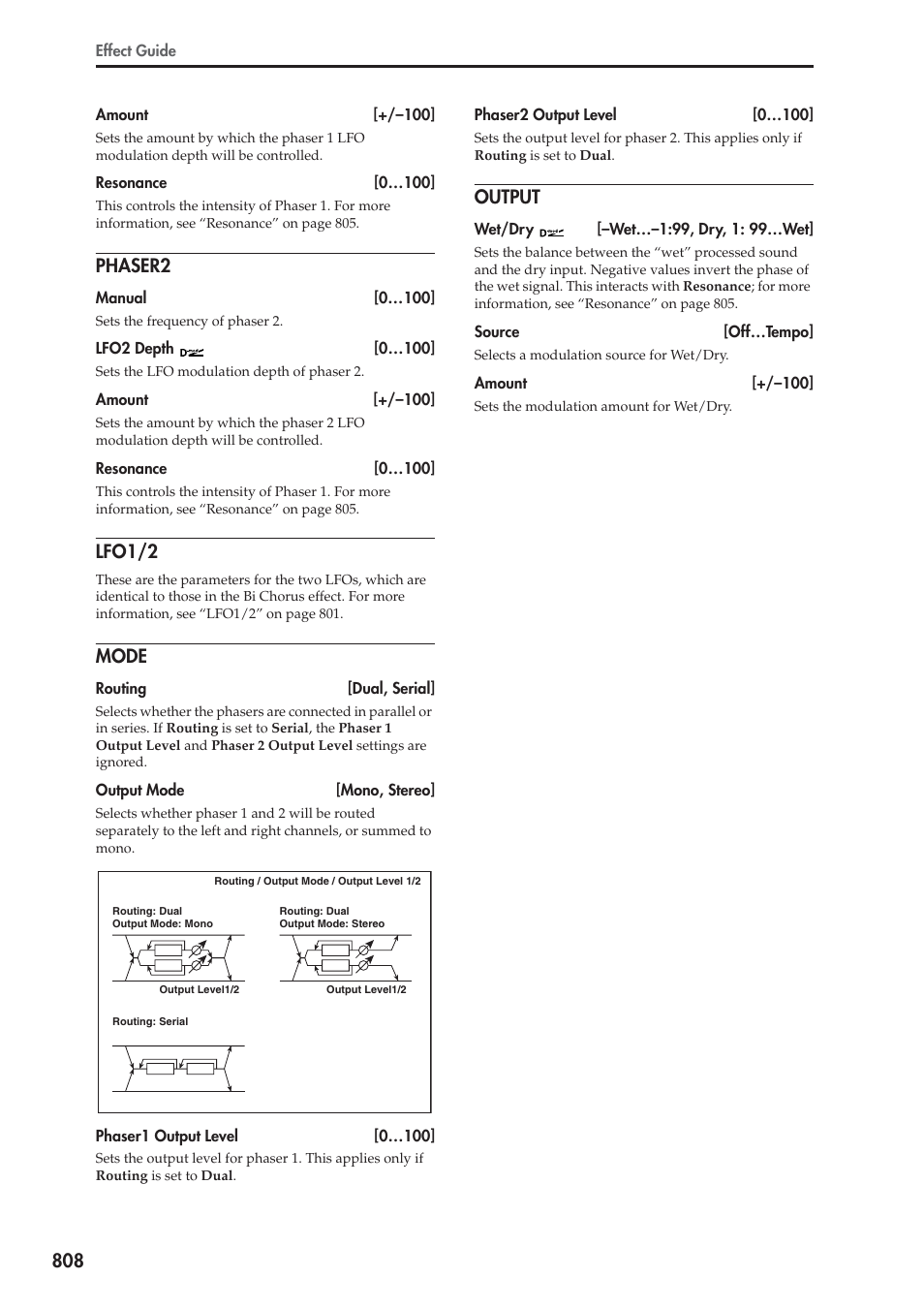 Phaser2, Lfo1/2, Mode | Output | KORG Electronic Keyboard User Manual | Page 818 / 1127