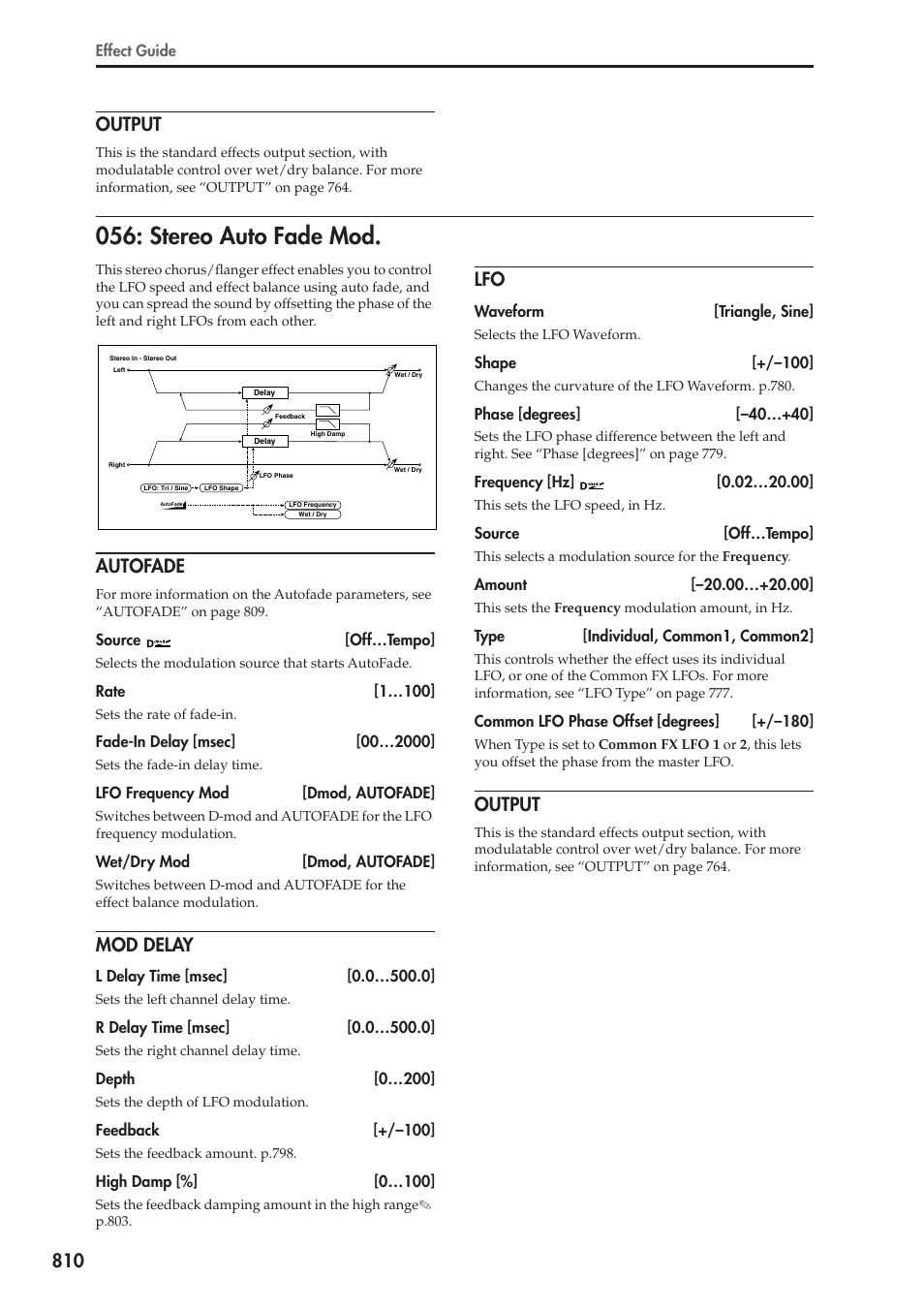 Output, Stereo auto fade mod, Autofade | Mod delay, 810 output | KORG Electronic Keyboard User Manual | Page 820 / 1127