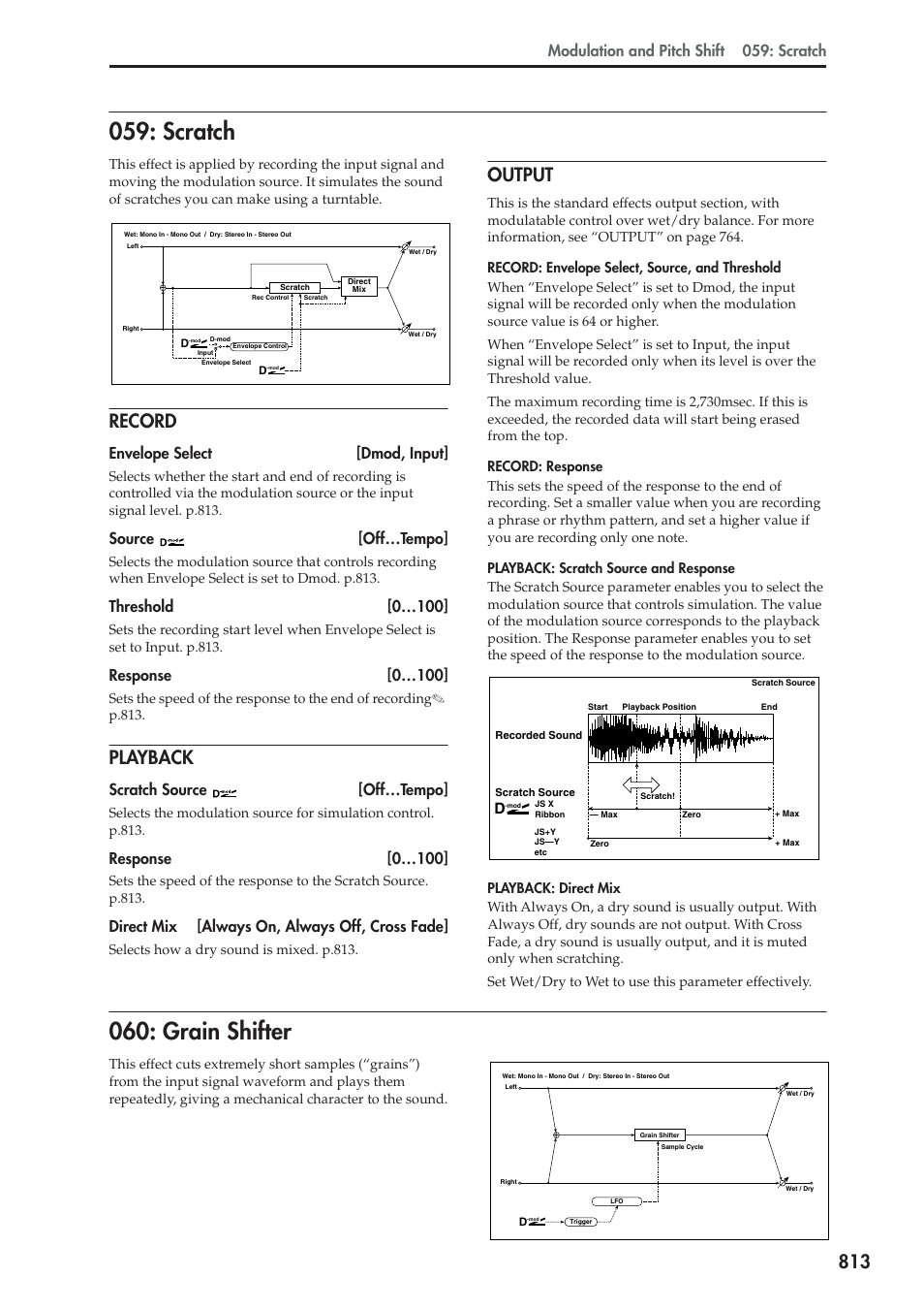 Scratch, Record, Playback | Output, Grain shifter, Scratch 060: grain shifter, Modulation and pitch shift 059: scratch, Envelope select [dmod, input, Source [off…tempo, Threshold [0…100 | KORG Electronic Keyboard User Manual | Page 823 / 1127