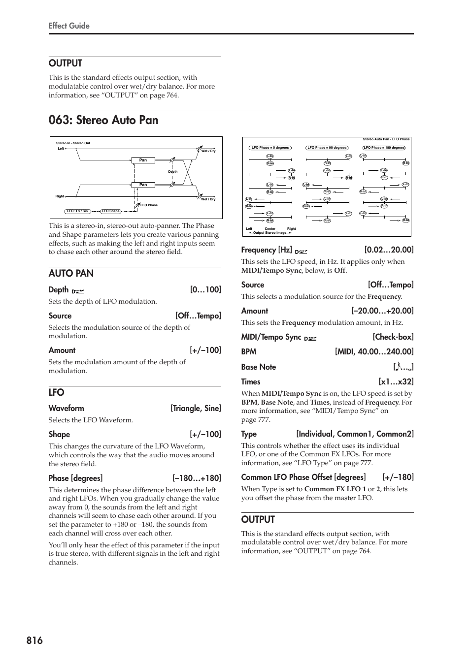 Output, Stereo auto pan, Auto pan | 816 output, Effect guide, Depth [0…100, Source [off…tempo, Amount [+/–100, Waveform [triangle, sine, Shape [+/–100 | KORG Electronic Keyboard User Manual | Page 826 / 1127