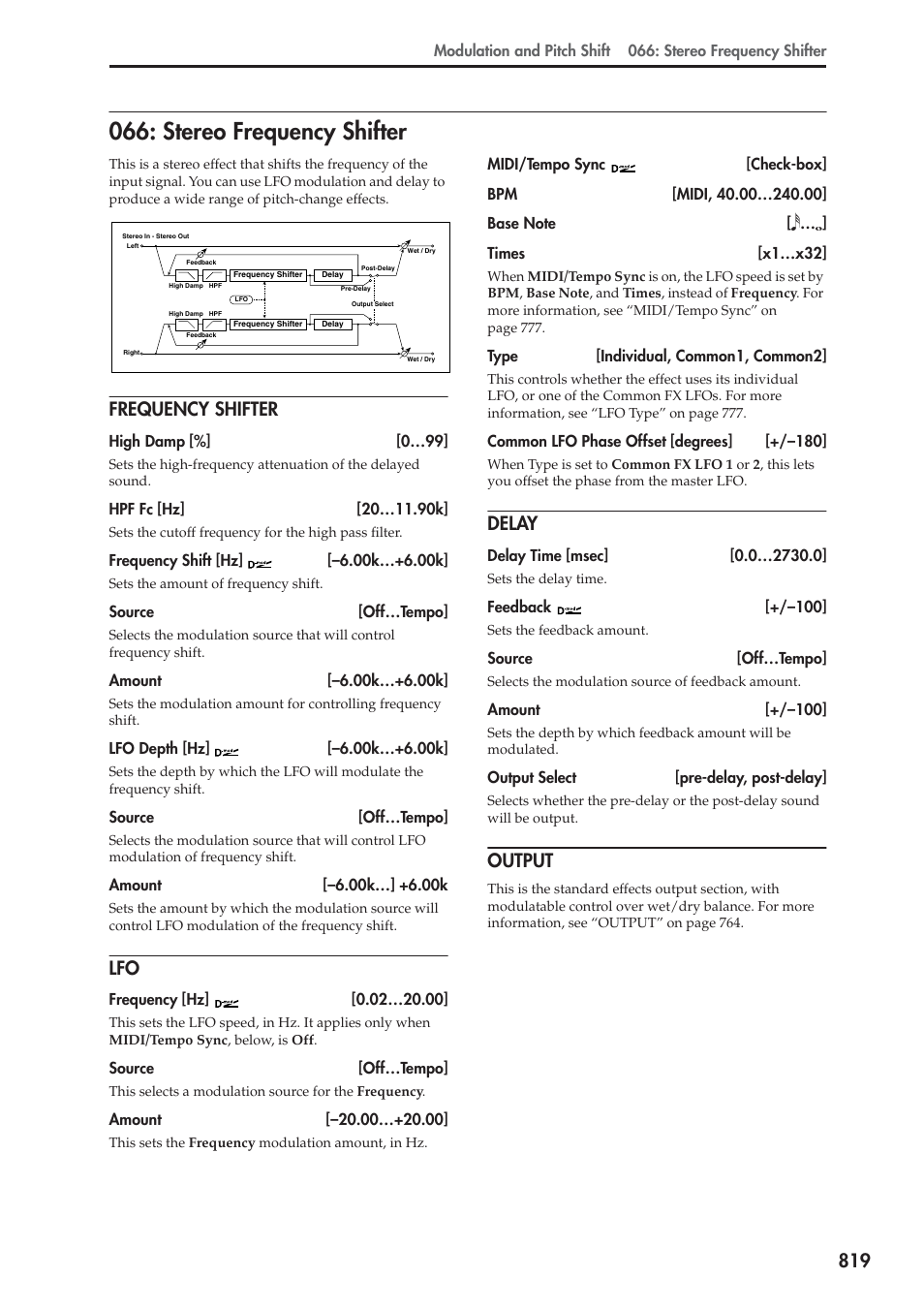 Stereo frequency shifter, Frequency shifter, Delay | Output | KORG Electronic Keyboard User Manual | Page 829 / 1127