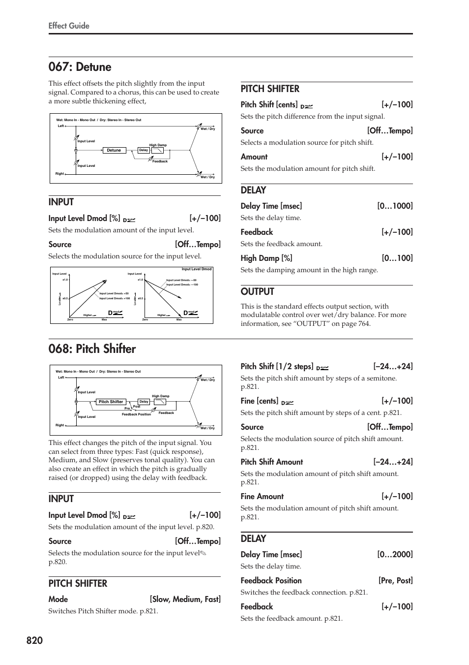 Detune, Input, Pitch shifter | Delay, Output, Detune 068: pitch shifter, Effect guide, Input level dmod [%] [+/–100, Source [off…tempo, Pitch shift [cents] [+/–100 | KORG Electronic Keyboard User Manual | Page 830 / 1127