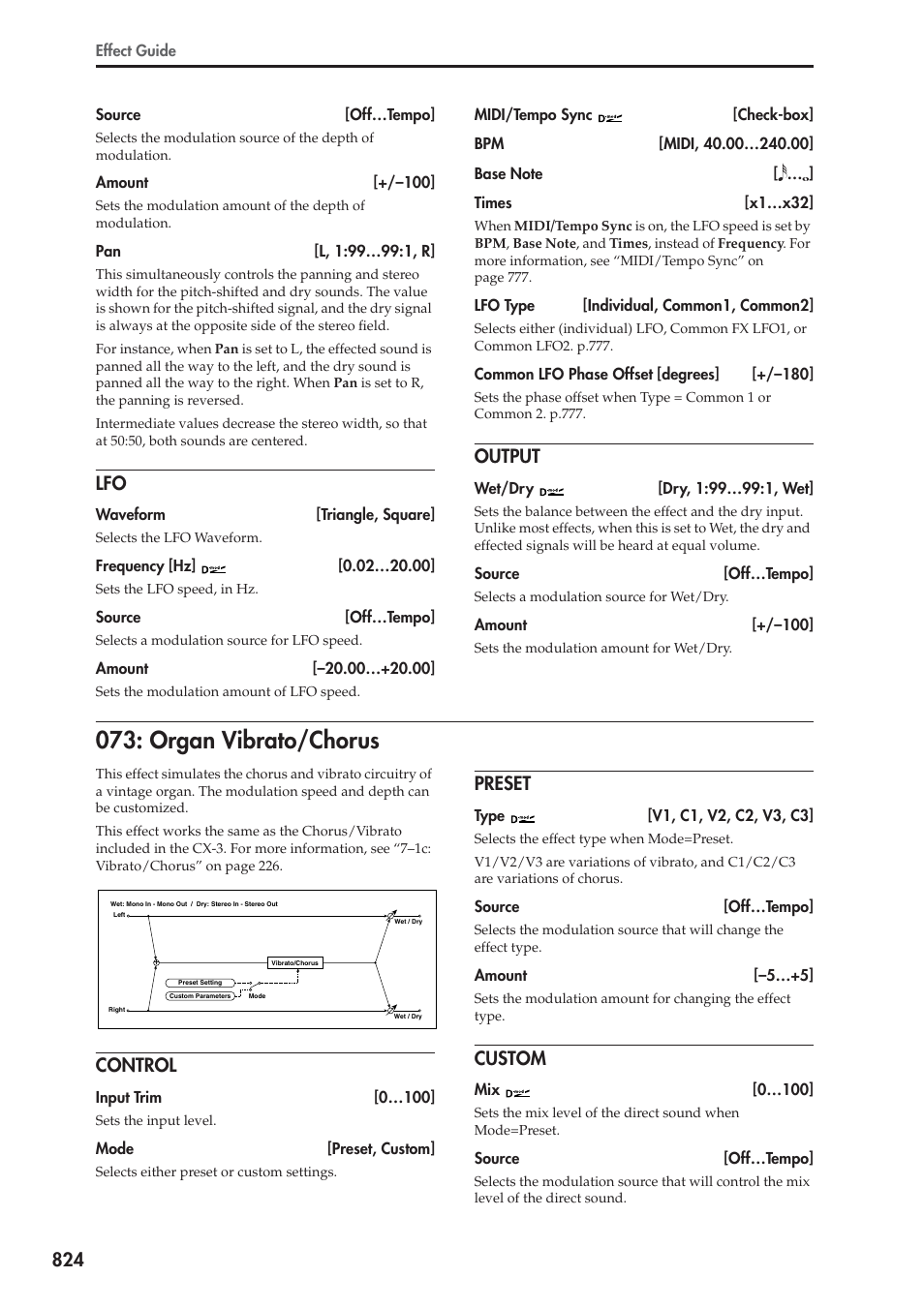 Output, Organ vibrato/chorus, Control | Preset, Custom | KORG Electronic Keyboard User Manual | Page 834 / 1127