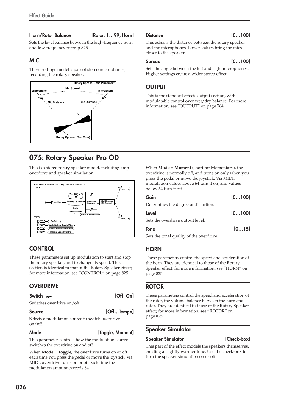 Output, Rotary speaker pro od, Control | Overdrive, Horn, Rotor, Speaker simulator, Effect guide, Horn/rotor balance [rotor, 1…99, horn, Distance [0…100 | KORG Electronic Keyboard User Manual | Page 836 / 1127