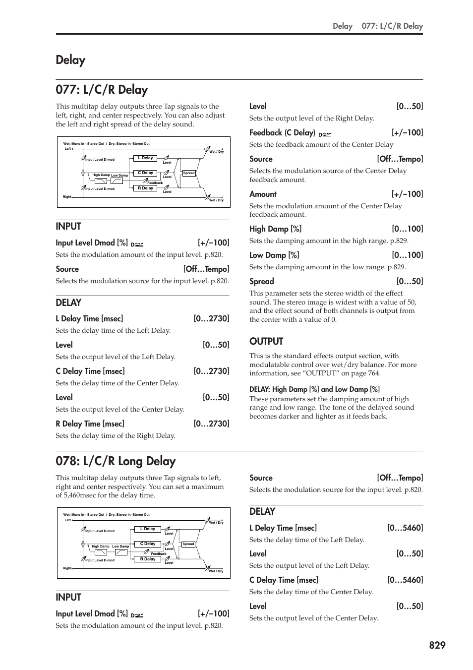 Delay, L/c/r delay, Input | Output, L/c/r long delay, L/c/r delay 078: l/c/r long delay, Delay 077: l/c/r delay | KORG Electronic Keyboard User Manual | Page 839 / 1127
