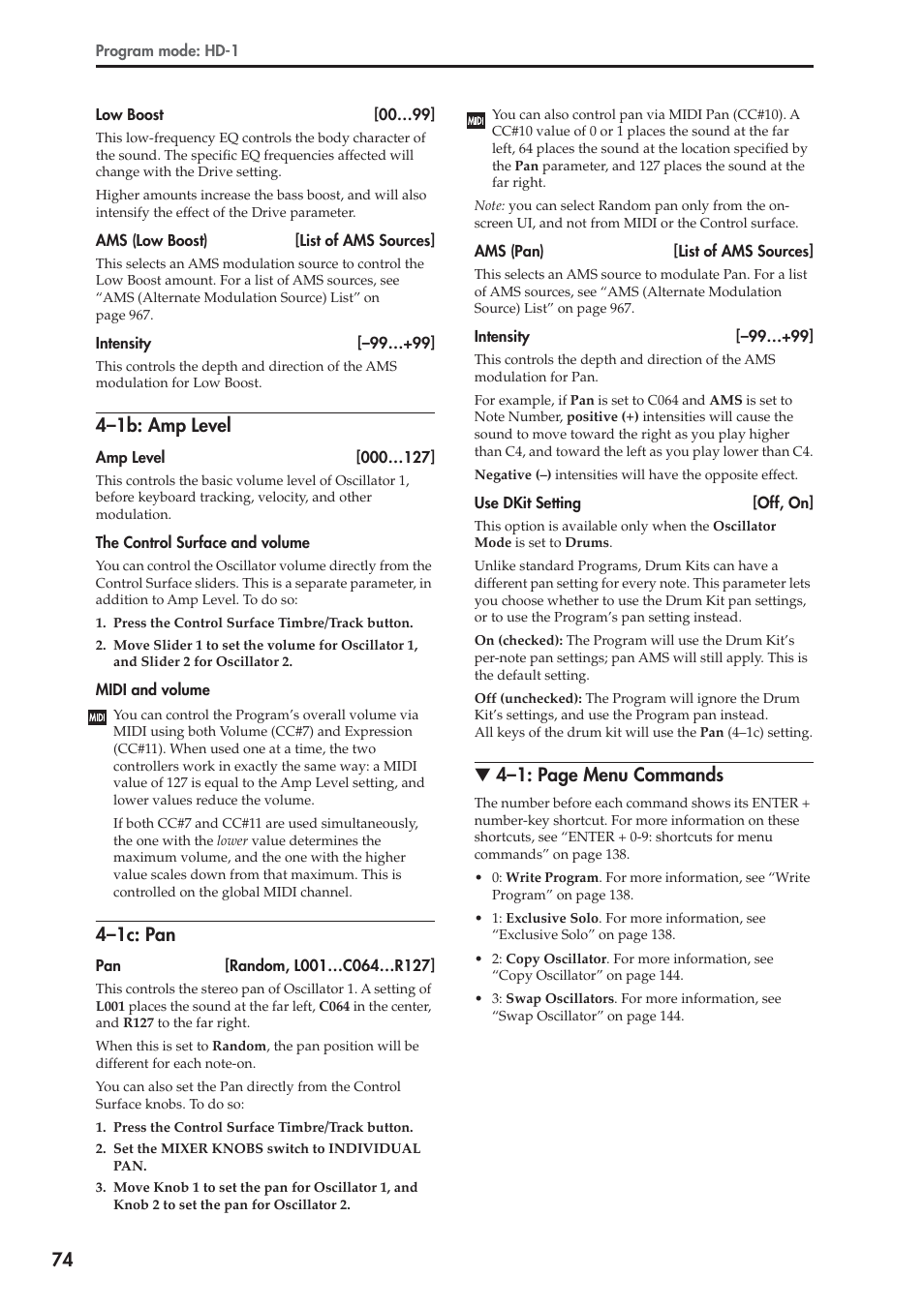 1b: amp level, 1c: pan, 4–1b: amp level | 4–1c: pan, 4–1: page menu commands | KORG Electronic Keyboard User Manual | Page 84 / 1127