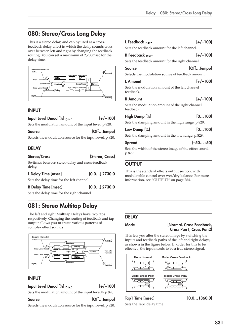 Stereo/cross long delay, Input, Delay | Output, Stereo multitap delay, Stereo/cross long delay 081: stereo multitap delay, Delay 080: stereo/cross long delay, Input level dmod [%] [+/–100, Source [off…tempo, Stereo/cross [stereo, cross | KORG Electronic Keyboard User Manual | Page 841 / 1127