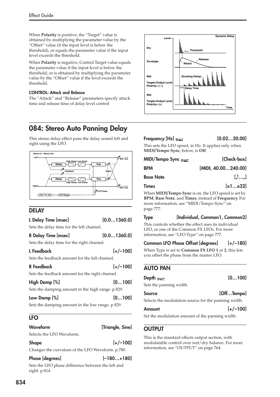 Stereo auto panning delay, Delay, Auto pan | Output, Ol. p.834 | KORG Electronic Keyboard User Manual | Page 844 / 1127