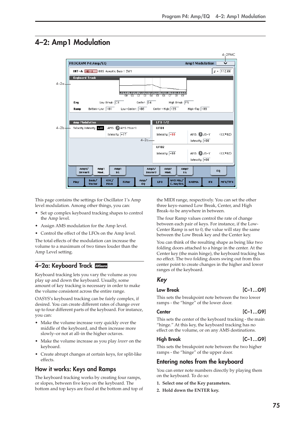 2: amp1 modulation, 2a: keyboard track, How it works: keys and ramps | Entering notes from the keyboard, 4–2: amp1 modulation, 4–2a: keyboard track | KORG Electronic Keyboard User Manual | Page 85 / 1127