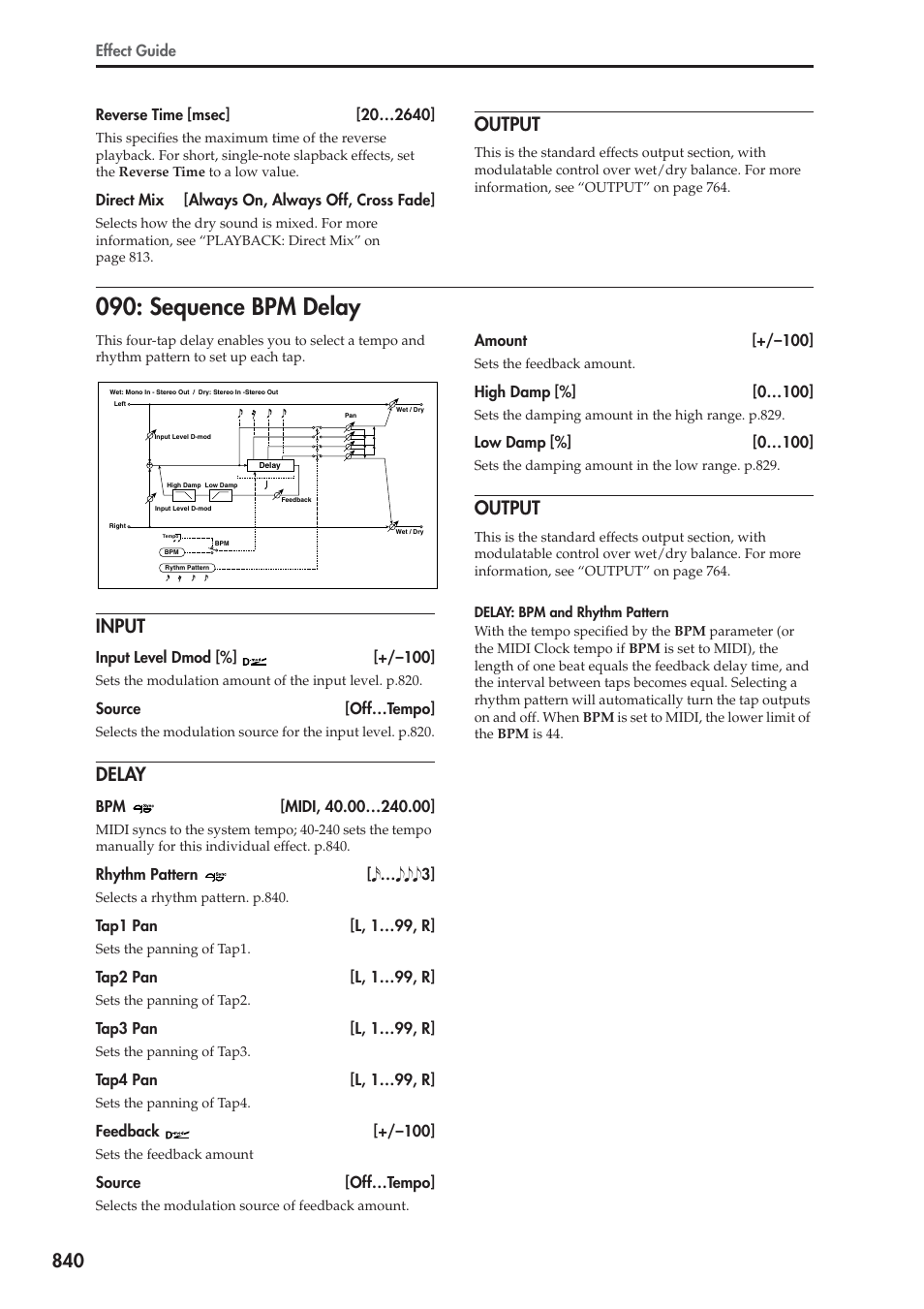 Output, Sequence bpm delay, Input | Delay | KORG Electronic Keyboard User Manual | Page 850 / 1127