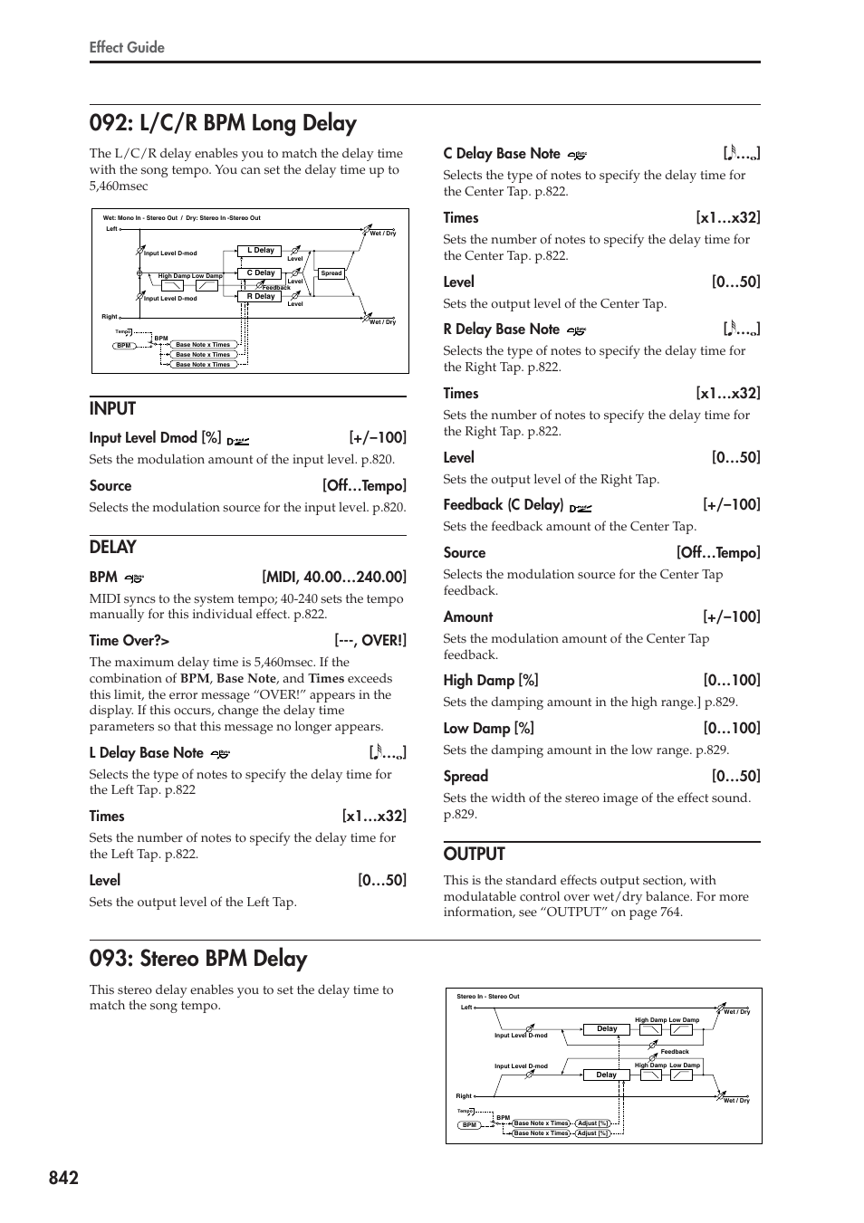 L/c/r bpm long delay, Input, Delay | Output, Stereo bpm delay, L/c/r bpm long delay 093: stereo bpm delay, Fect 093: stereo bpm delay as follows, Effect guide, Input level dmod [%] [+/–100, Source [off…tempo | KORG Electronic Keyboard User Manual | Page 852 / 1127