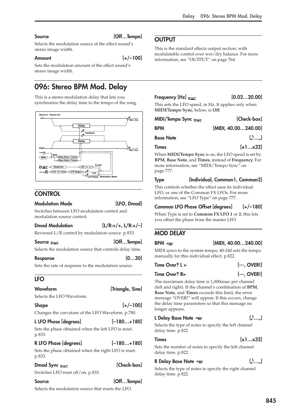 Output, Stereo bpm mod. delay, Control | Mod delay | KORG Electronic Keyboard User Manual | Page 855 / 1127