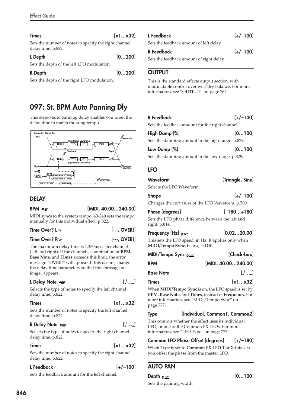 Output, St. bpm auto panning dly, Delay | Auto pan | KORG Electronic Keyboard User Manual | Page 856 / 1127