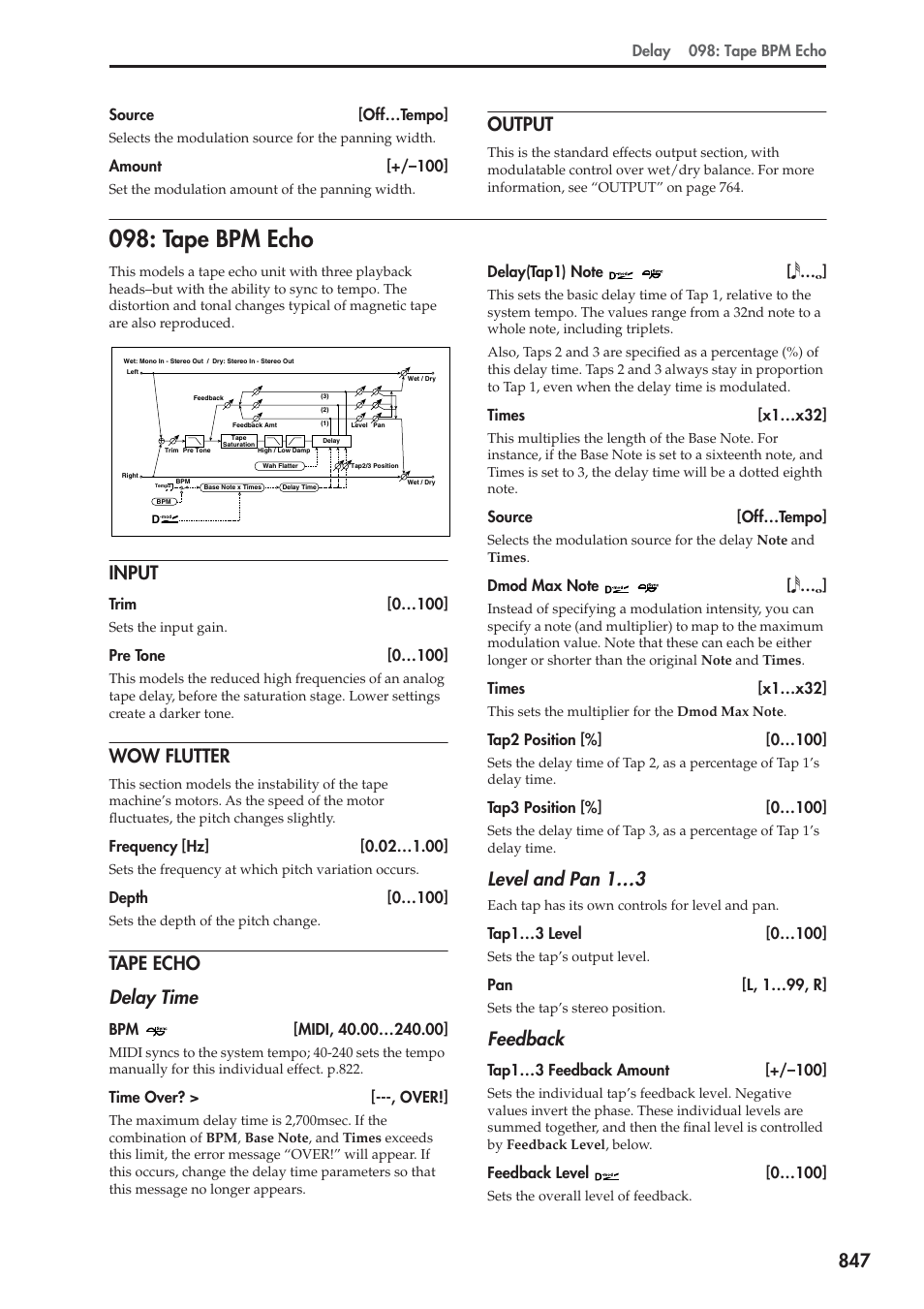Output, Tape bpm echo, Input | Wow flutter, Tape echo, Tape echo delay time, Level and pan 1…3, Feedback | KORG Electronic Keyboard User Manual | Page 857 / 1127
