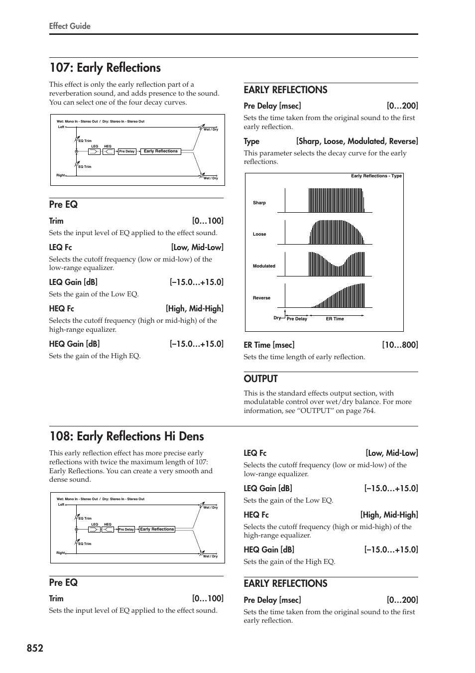 Early reflections, Pre eq, Output | Early reflections hi dens, Early reflections 108: early reflections hi dens | KORG Electronic Keyboard User Manual | Page 862 / 1127