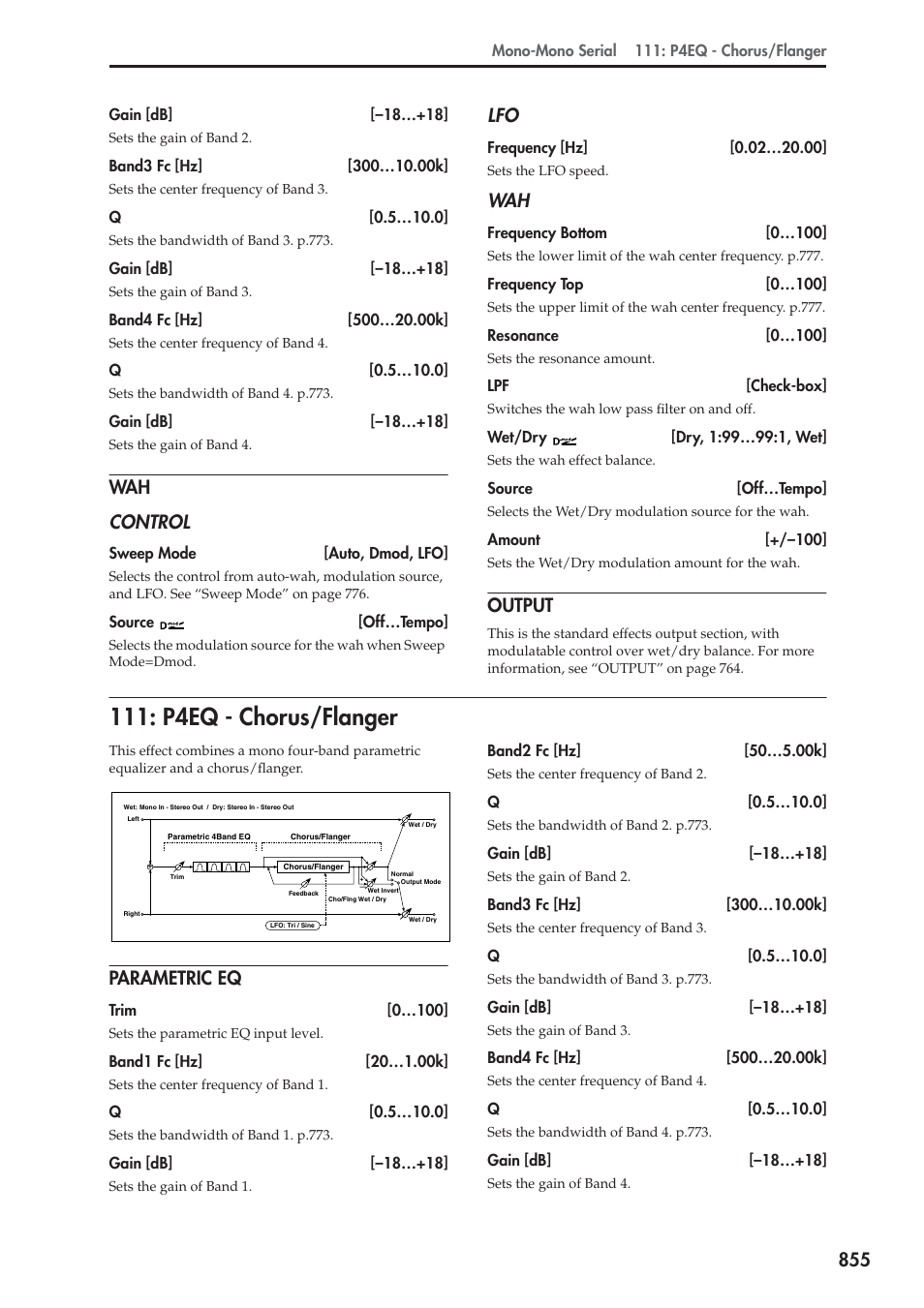 Output, P4eq - chorus/flanger, Parametric eq | Wah control | KORG Electronic Keyboard User Manual | Page 865 / 1127