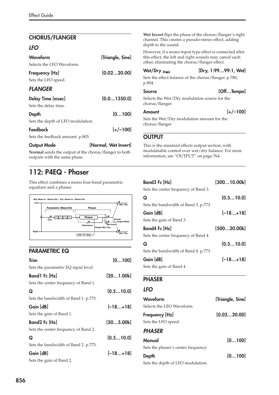 Chorus/flanger, Output, P4eq - phaser | Parametric eq, Phaser, 856 chorus/flanger lfo, Flanger, Phaser lfo | KORG Electronic Keyboard User Manual | Page 866 / 1127