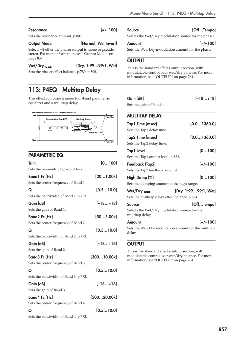 Output, P4eq - multitap delay, Parametric eq | Multitap delay | KORG Electronic Keyboard User Manual | Page 867 / 1127
