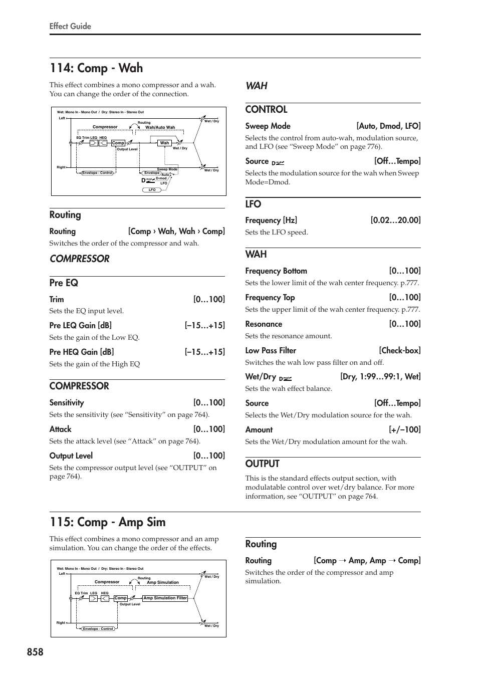 Comp - wah, Routing, Pre eq | Compressor, Control, Output, Comp - amp sim, Comp - wah 115: comp - amp sim, Compressor pre eq, Wah control | KORG Electronic Keyboard User Manual | Page 868 / 1127