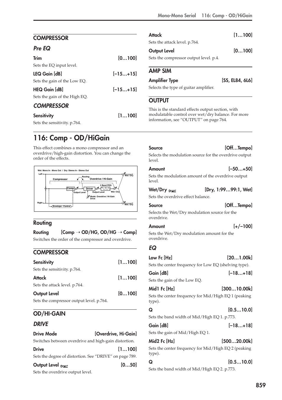 Compressor, Amp sim, Output | Comp - od/higain, Routing, Od/hi-gain, 859 compressor pre eq, Od/hi-gain drive | KORG Electronic Keyboard User Manual | Page 869 / 1127