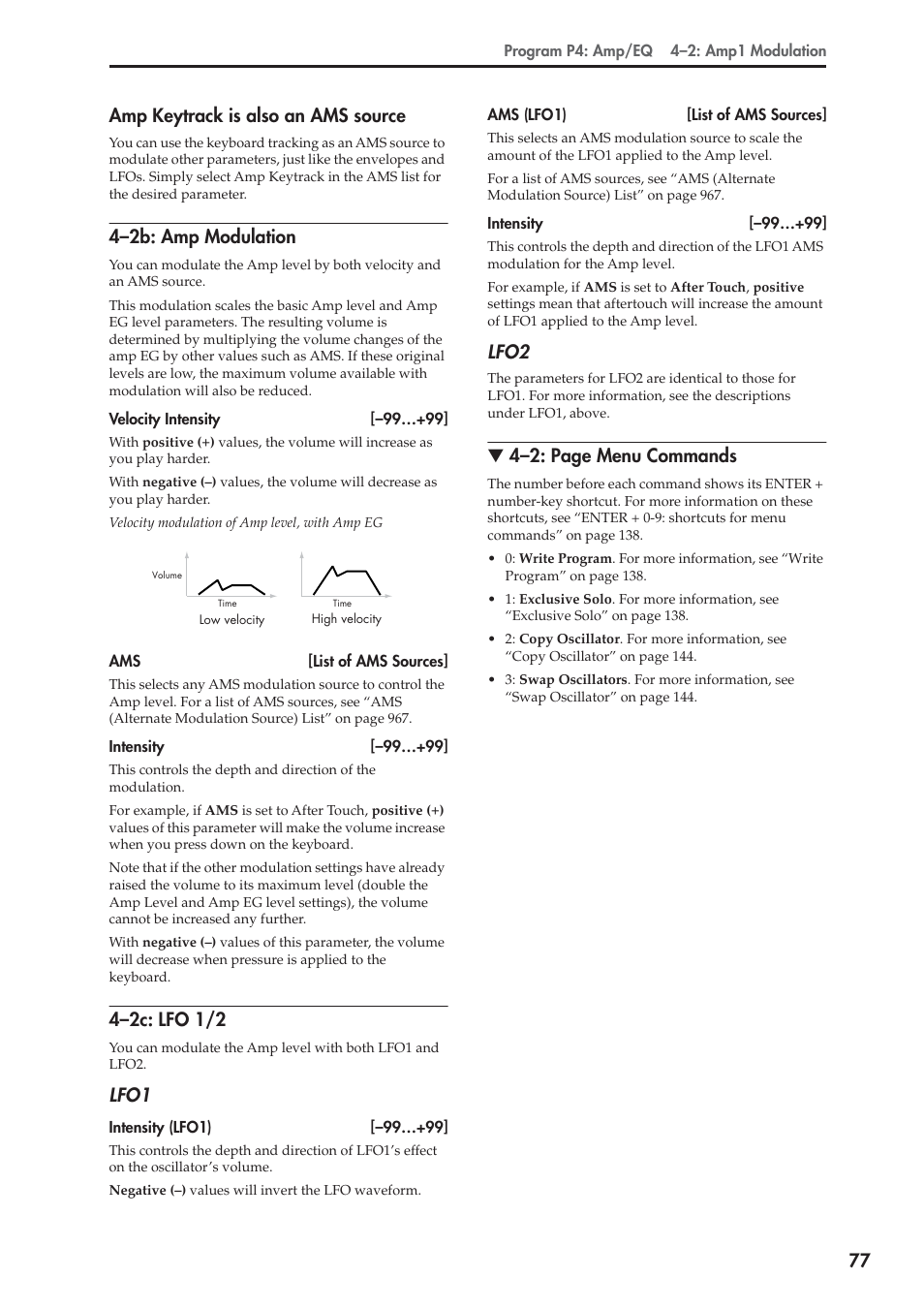 Amp keytrack is also an ams source, 2b: amp modulation, 2c: lfo 1/2 | 77 amp keytrack is also an ams source, 4–2b: amp modulation, 4–2c: lfo 1/2, Lfo1, Lfo2, 4–2: page menu commands | KORG Electronic Keyboard User Manual | Page 87 / 1127