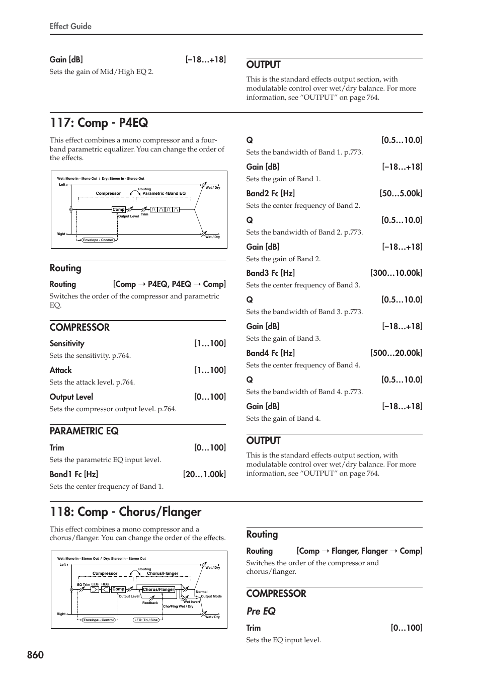 Output, Comp - p4eq, Routing | Compressor, Parametric eq, Comp - chorus/flanger, Comp - p4eq 118: comp - chorus/flanger, Compressor pre eq | KORG Electronic Keyboard User Manual | Page 870 / 1127