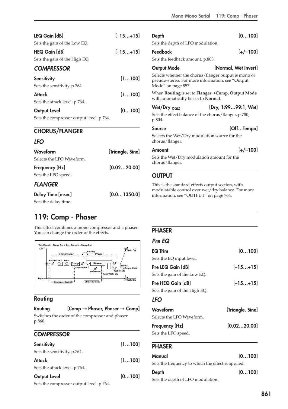 Chorus/flanger, Output, Comp - phaser | Routing, Compressor, Phaser, Chorus/flanger lfo, Flanger, Phaser pre eq | KORG Electronic Keyboard User Manual | Page 871 / 1127