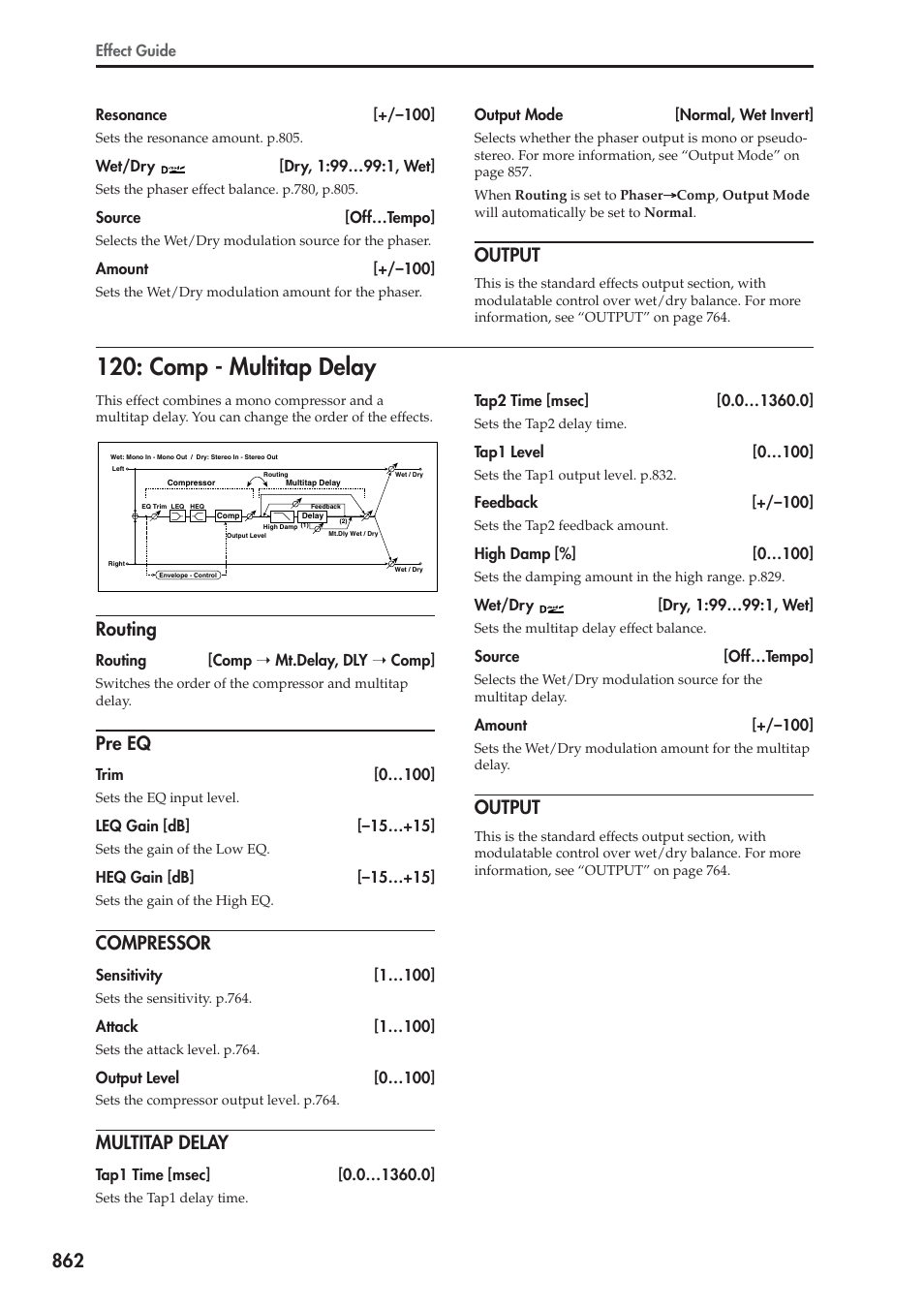 Output, Comp - multitap delay, Routing | Pre eq, Compressor, Multitap delay | KORG Electronic Keyboard User Manual | Page 872 / 1127