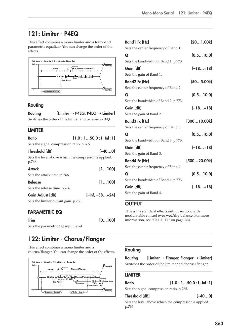 Limiter - p4eq, Routing, Limiter | Parametric eq, Output, Limiter - chorus/flanger, Limiter - p4eq 122: limiter - chorus/flanger | KORG Electronic Keyboard User Manual | Page 873 / 1127