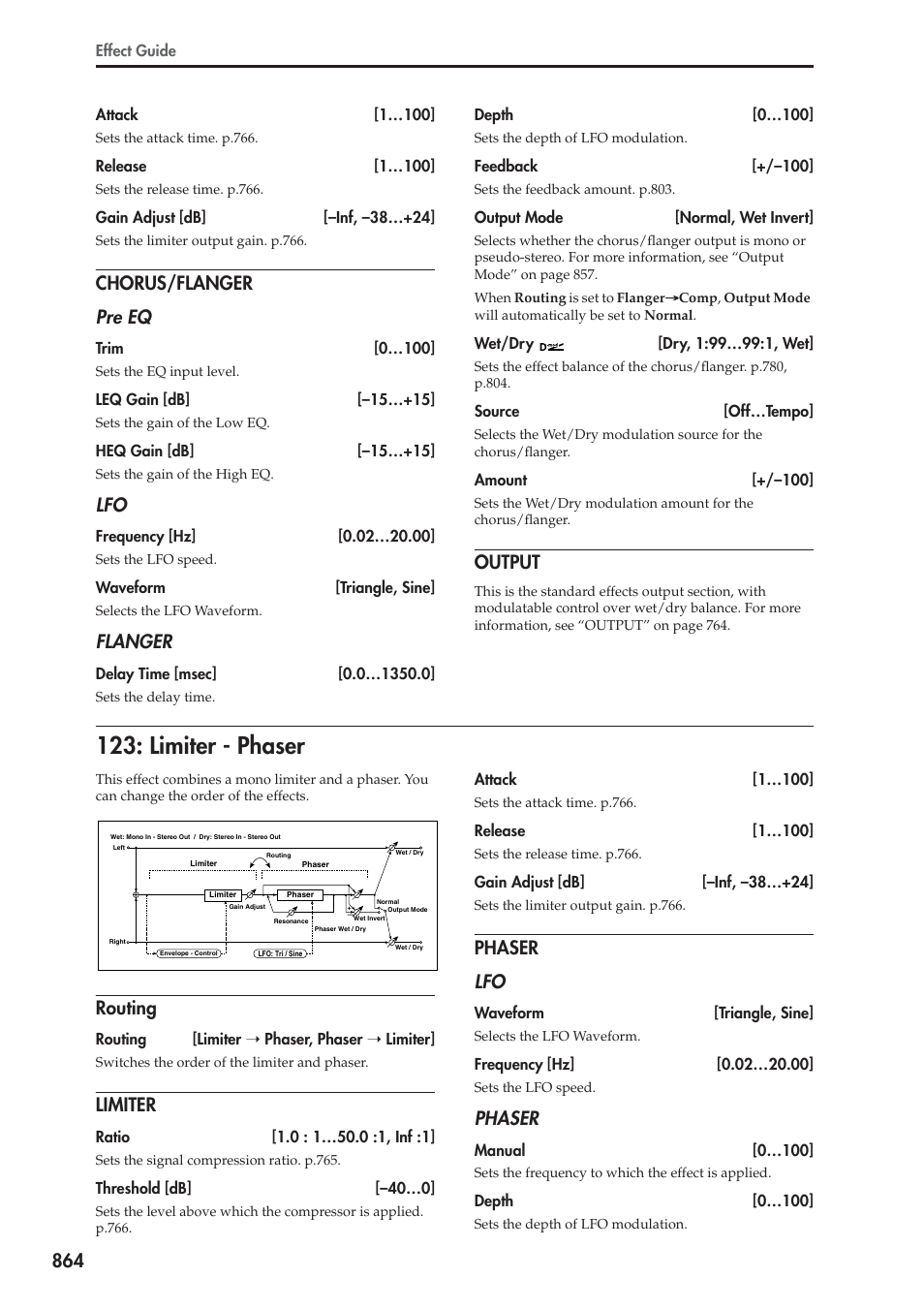 Chorus/flanger, Output, Limiter - phaser | Routing, Limiter, Phaser, Chorus/flanger pre eq, Flanger, Phaser lfo | KORG Electronic Keyboard User Manual | Page 874 / 1127