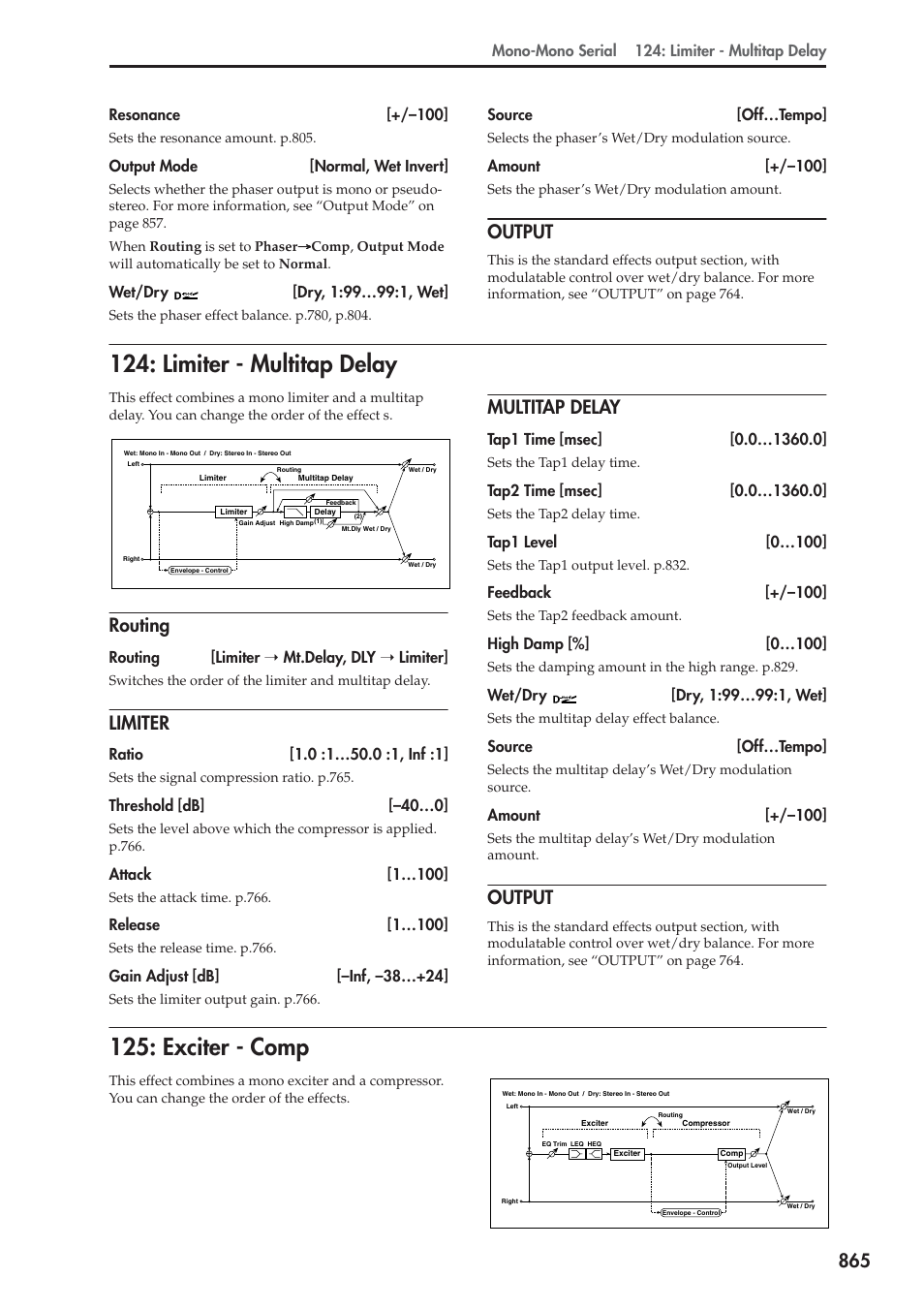 Output, Limiter - multitap delay, Routing | Limiter, Multitap delay, Exciter - comp, Limiter - multitap delay 125: exciter - comp | KORG Electronic Keyboard User Manual | Page 875 / 1127