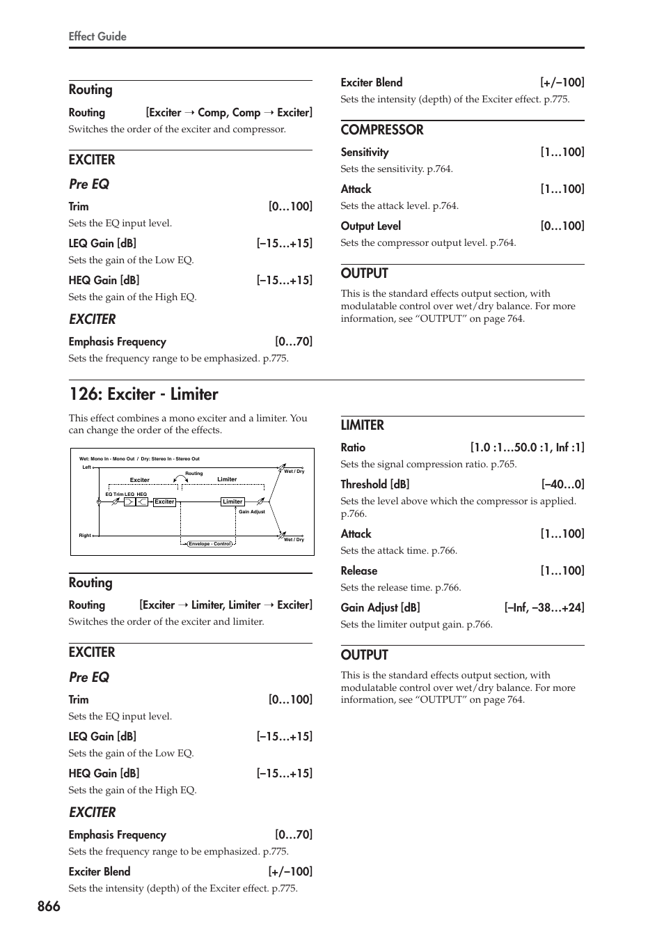 Routing, Exciter, Compressor | Output, Exciter - limiter, Limiter, 866 routing, Exciter pre eq | KORG Electronic Keyboard User Manual | Page 876 / 1127