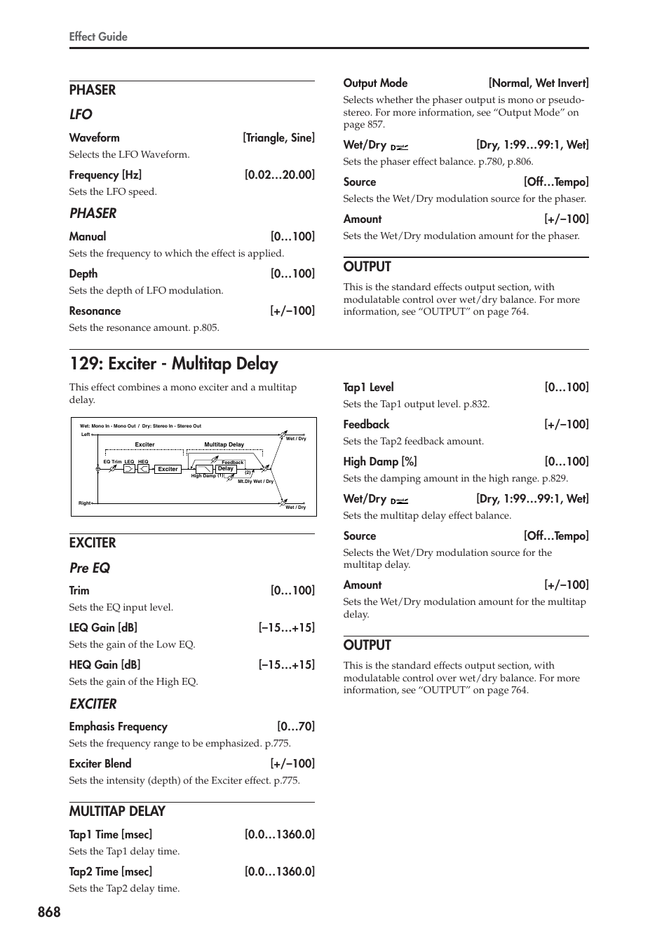 Phaser, Output, Exciter - multitap delay | Exciter, Multitap delay, 868 phaser lfo, Exciter pre eq | KORG Electronic Keyboard User Manual | Page 878 / 1127