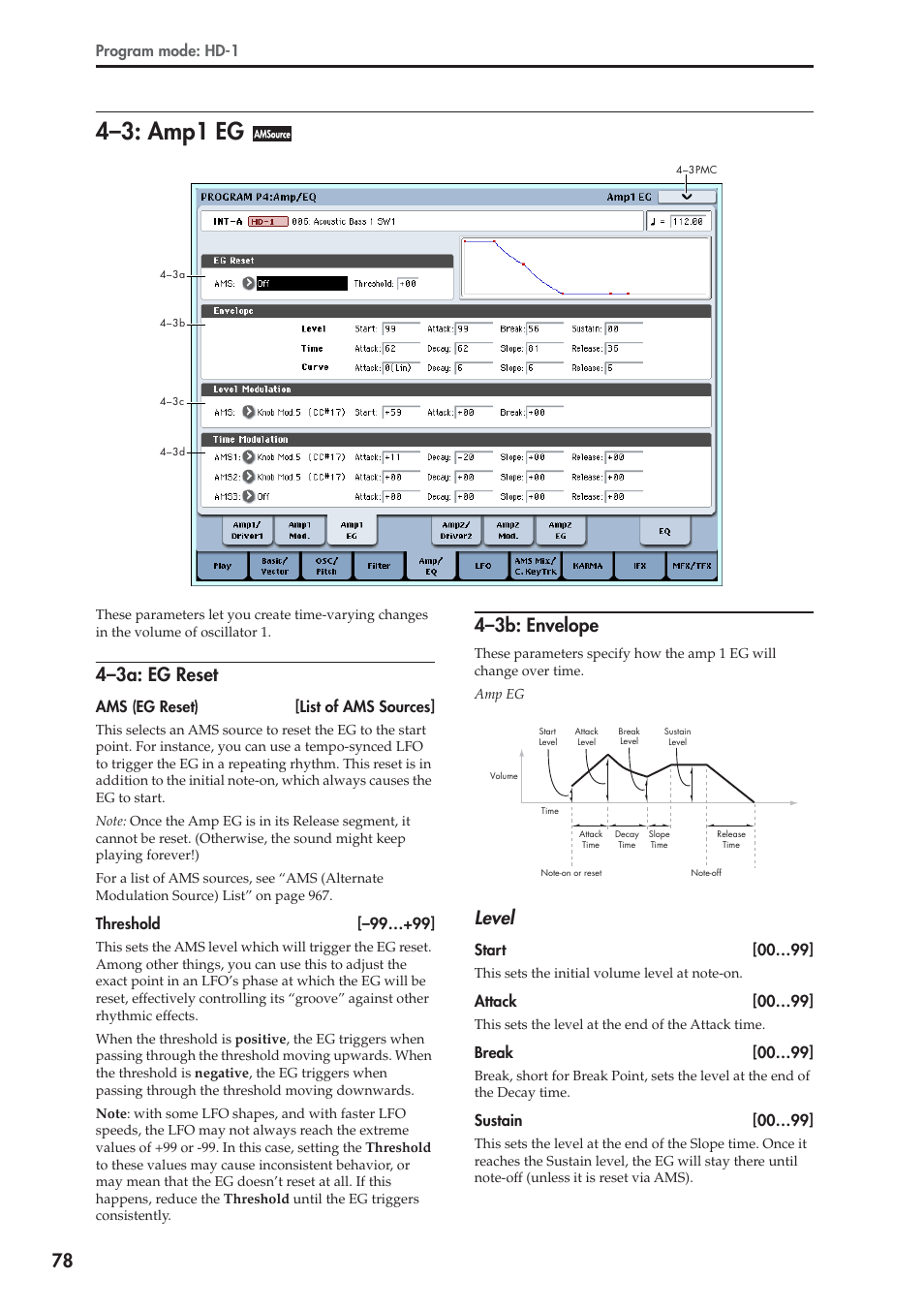 3: amp1 eg, 3a: eg reset, 3b: envelope | 4–3: amp1 eg, 4–3a: eg reset, 4–3b: envelope, Level | KORG Electronic Keyboard User Manual | Page 88 / 1127